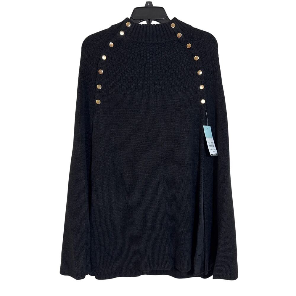 Blue Sol Large Black Sweater Cape Pocho With Gold Accent Buttons